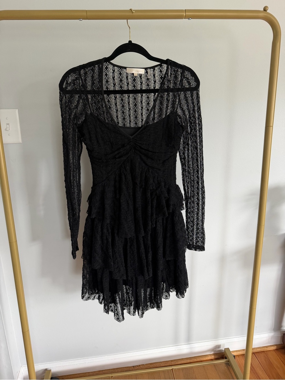 LoveShackFancy Black Lace Tiered Midi Dress